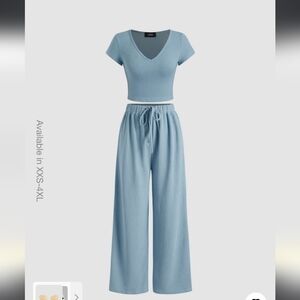 Cider V-neck Short Sleeve Crop Tee & Knotted Wide Leg Pants Set